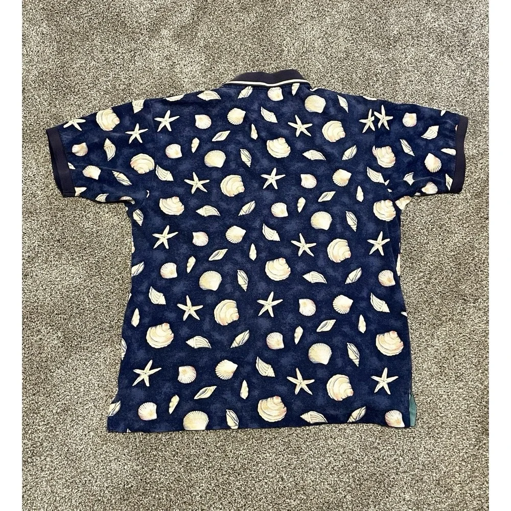 Vintage Chaps Ralph Lauren Mens‎ Polo XL Island Beach Seashell AOP Navy Blue